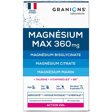 Granions Magnésium Max 360 mg - 90 Comprimés - Anti Stress, Fatigue, Système Nerveux - Magnésium Bisglycinate, Citrate, Marin, Vitamines B3, B6, Taurine - Haute Assimilation