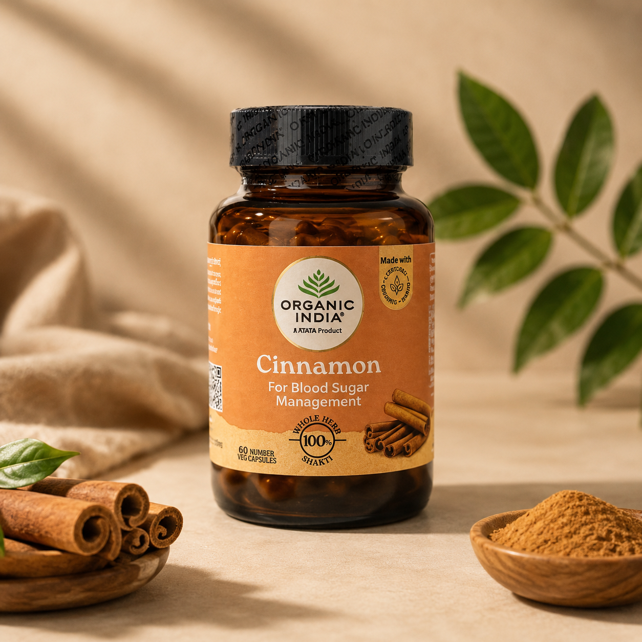 Cinnamon Organic India( cannelle) –  60 gélules ( biologique – Soutien de l’équilibre glycémique)